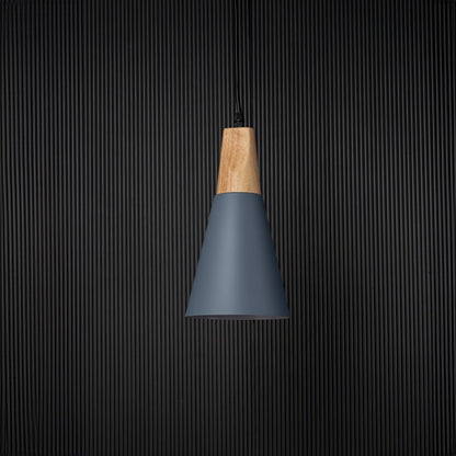 Pendant light with wooden top and matte shade displayed on black background for elegant lighting presentation.