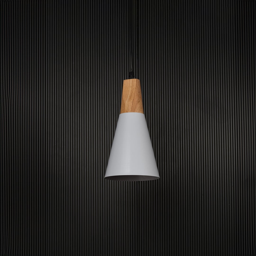 Modern wall light with white cone shade and wooden accent shown unlit on black background for contemporary interior wall decor.