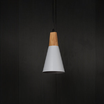 Modern wall light with white cone shade and wooden accent shown unlit on black background for contemporary interior wall decor.