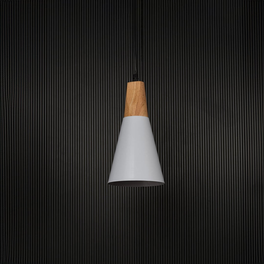 Modern wall light with white cone shade and wooden accent shown unlit on black background for contemporary interior wall decor.