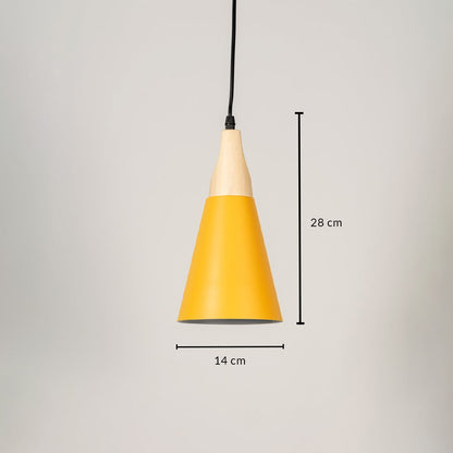 Yellow pendant light with wooden top and matte finish shade shown with 28 cm height and 14 cm width.