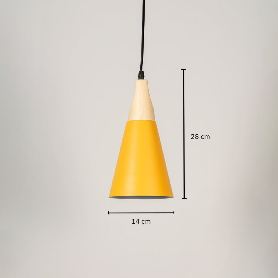 Yellow pendant light with wooden top and matte finish shade shown with 28 cm height and 14 cm width.