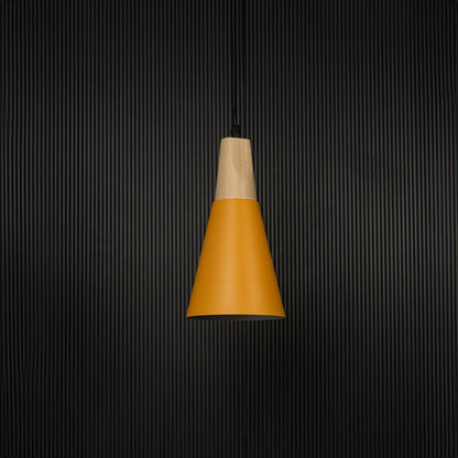 Yellow pendant light with wooden top and matte shade displayed off on black background for elegant home lighting.