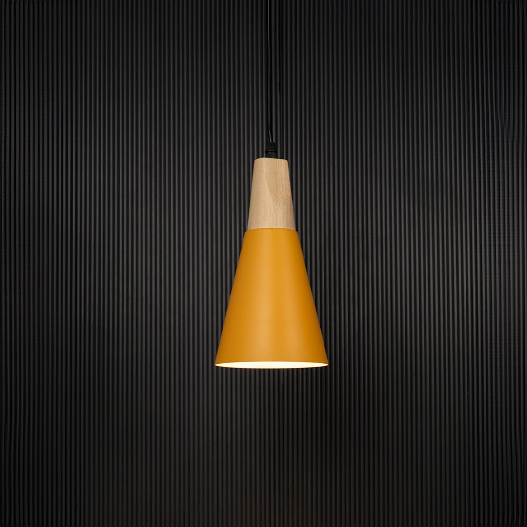 Yellow pendant light with wooden top displayed on black background for stylish home lighting presentation.