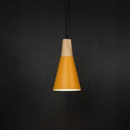 Yellow pendant light with wooden top displayed on black background for stylish home lighting presentation.