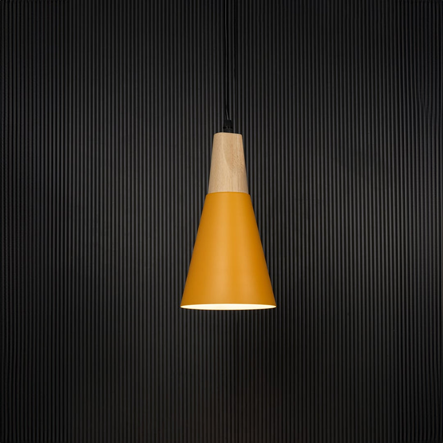 Yellow pendant light with wooden top displayed on black background for stylish home lighting presentation.