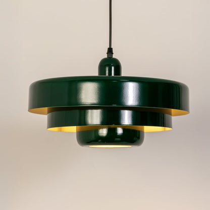 Green metal pendant light with layered shade design for kitchen island and modern ceiling lighting.