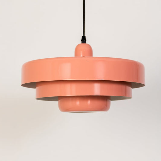 Peach metal pendant light with light off displayed on white background for modern kitchen dining and home decor.