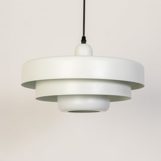 White metal pendant light with layered shade design for kitchen dining room and modern interiors.