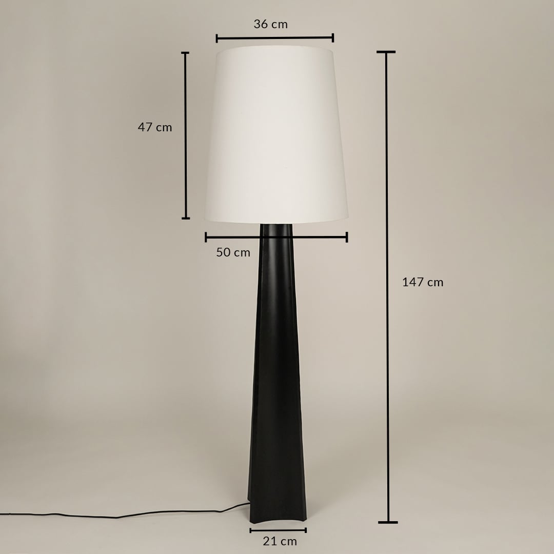 Tall modern floor lamp shown with dimensions of 54 cm width 41 cm shade height and total height of 147 cm creating a warm soft glow.
