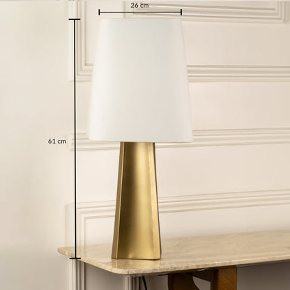 Gold metal table lamp with white fabric shade measuring 61 cm height and 26 cm width for elegant table lighting.