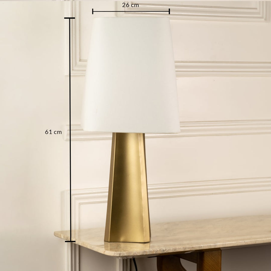 Gold metal table lamp with white fabric shade measuring 61 cm height and 26 cm width for elegant table lighting.