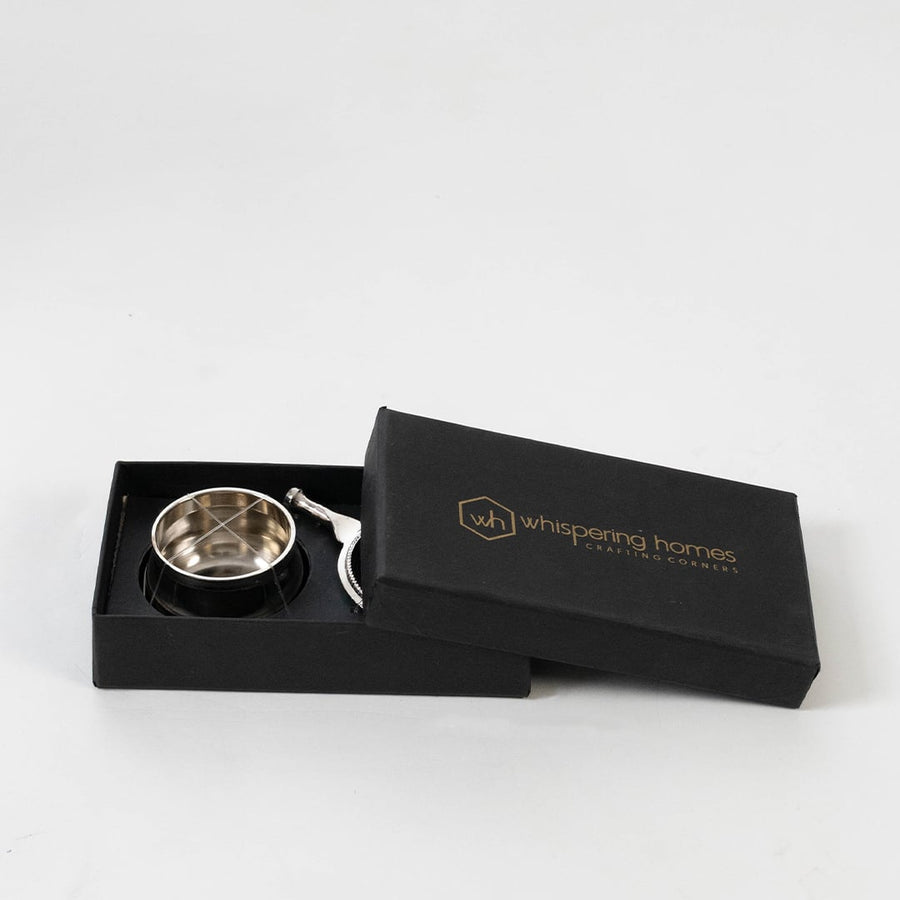 Stainless steel tea strainer and bowl packed securely in a premium black box ideal for gifting and safe storage.