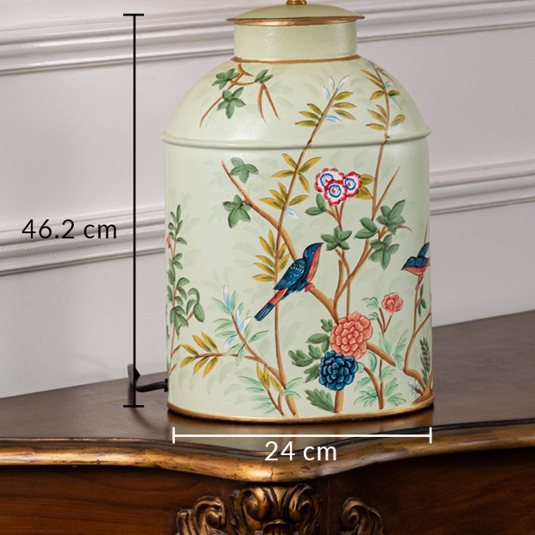 Table lamp dimension image displaying cream ceramic base with bird artwork and labeled height and diameter details.