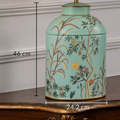 Table lamp dimension image featuring aqua ceramic base with floral design and clearly shown size measurements.