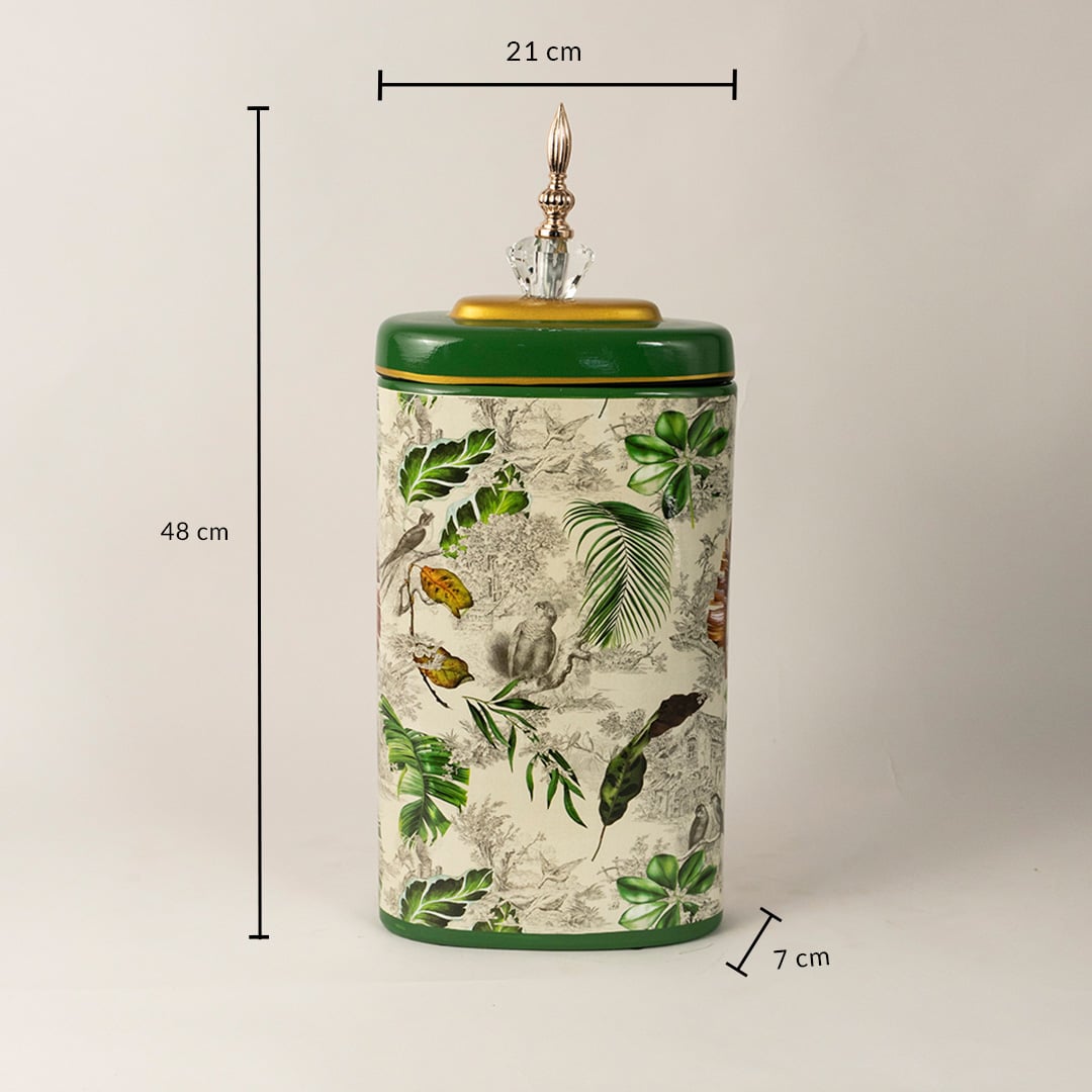 Tropical decorative jar measuring 48 cm height and 21 cm width featuring leaf artwork and golden detailing.