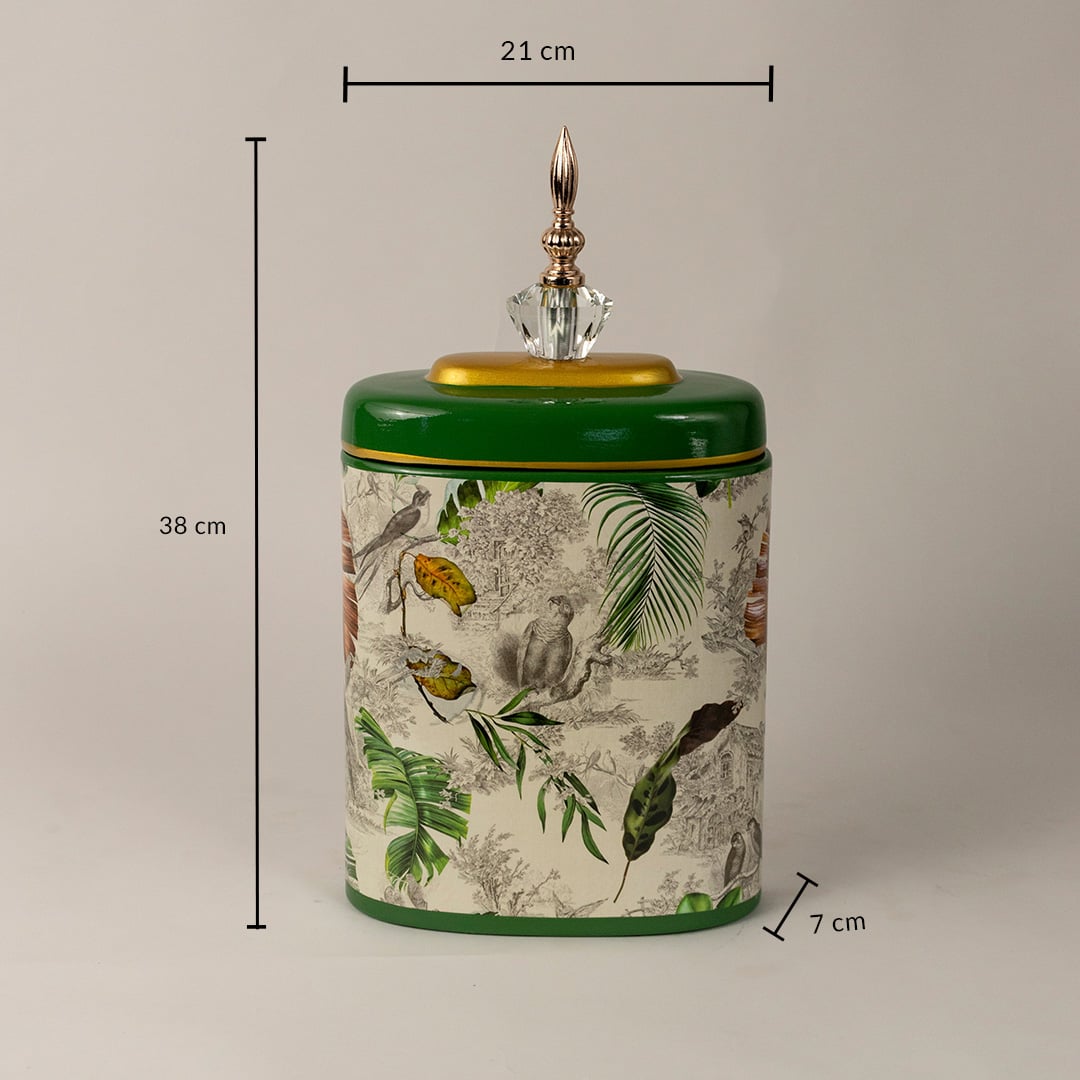 Green tropical decorative jar measuring 38 cm in height and 21 cm in width with detailed tropical artwork.