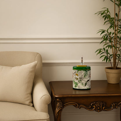 Green tropical decorative jar displayed on wooden side table adding elegance to cozy beige living room decor.