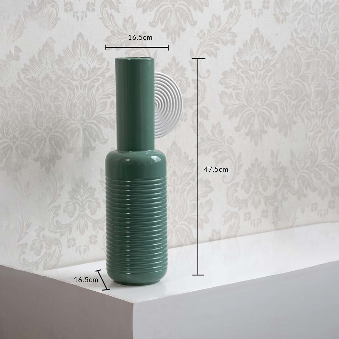 Teal ribbed ceramic vase with 47.5 cm height and 16.5 cm width shown clearly for accurate home decor size reference.