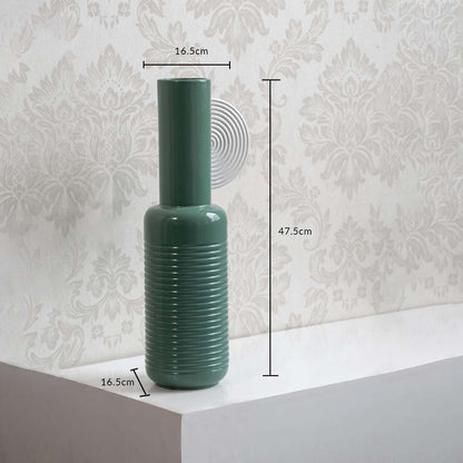 Teal ribbed ceramic vase with 47.5 cm height and 16.5 cm width shown clearly for accurate home decor size reference.