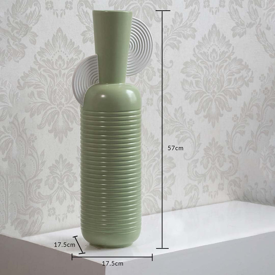Mint green ribbed vase with spiral accent shown with 57 cm height and 17.5 cm width offering a clear accurate size reference.