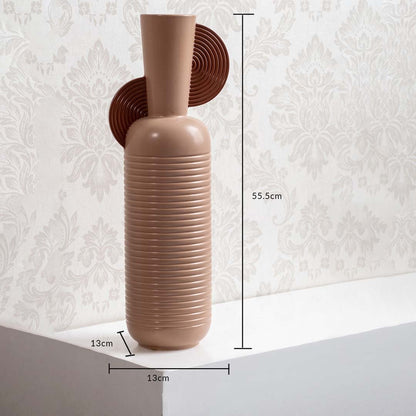 Dimension image of tall terracotta pink ceramic ribbed vase with disc accents showing 55.5 cm height and 18 cm width.