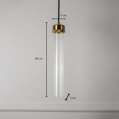 Dimension image of clear ribbed glass tube pendant light with brass top showing 33 cm height and 5 cm width.