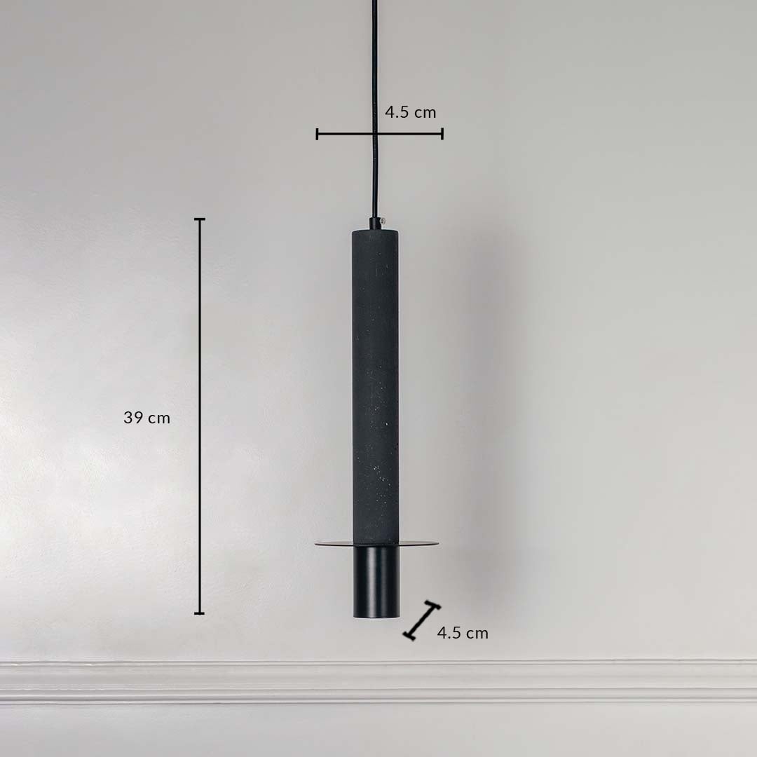 Dimension image of black concrete pendant light with brass base showing 29 cm height and 4.5 cm width.