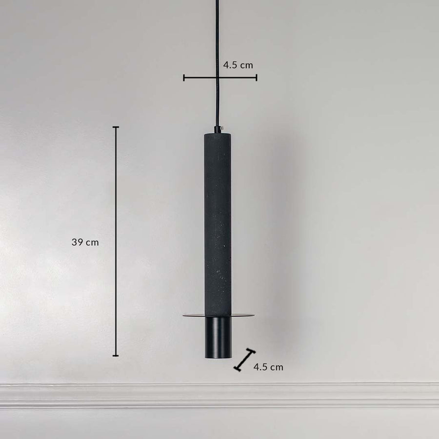 Dimension image of black concrete pendant light with brass base showing 29 cm height and 4.5 cm width.