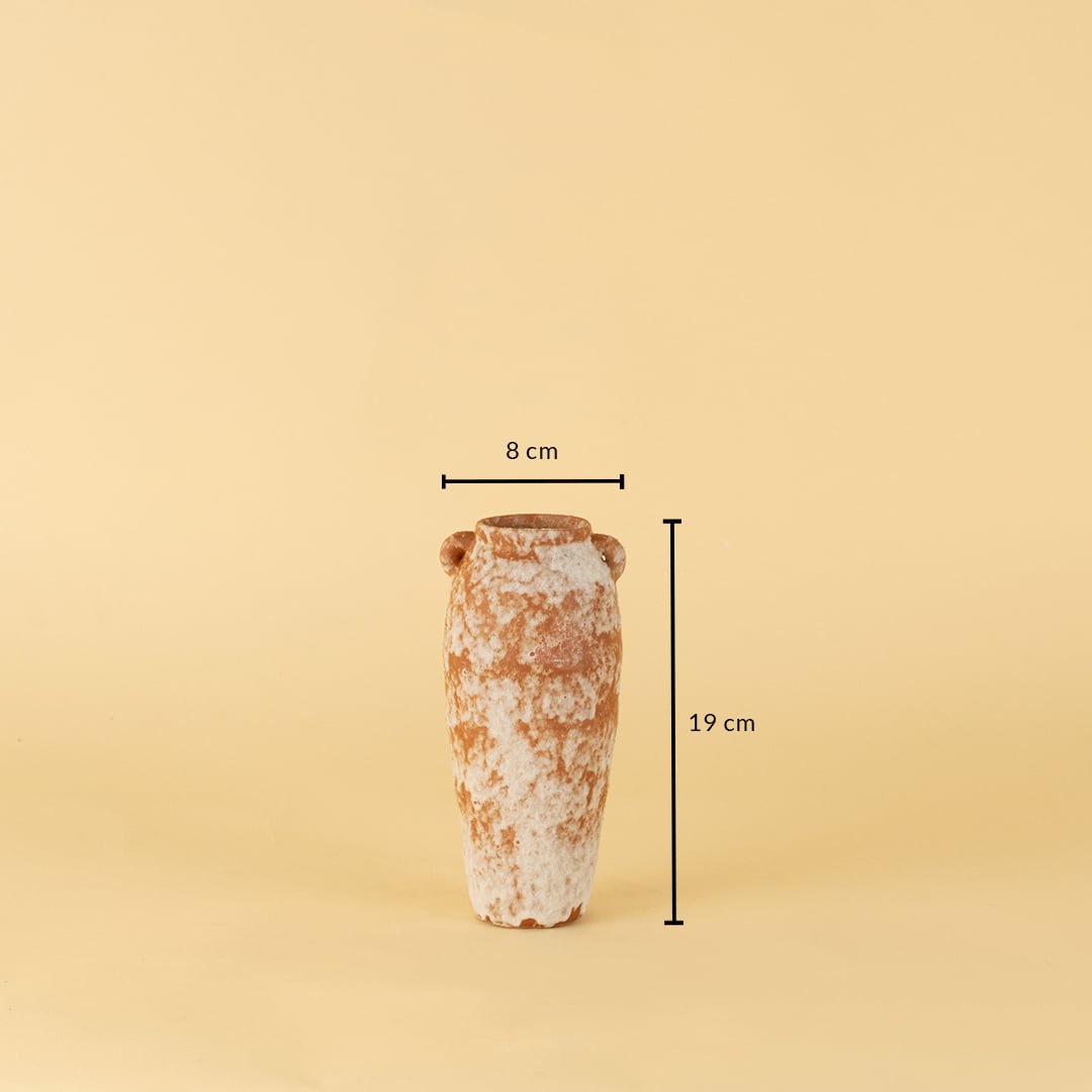 Tall terracotta ceramic vase with slim body shown on beige background measuring 19cm height and 8cm width.