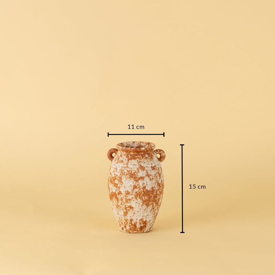 Rustic terracotta ceramic vase with side handles shown on beige background measuring 15cm height and 11cm width.