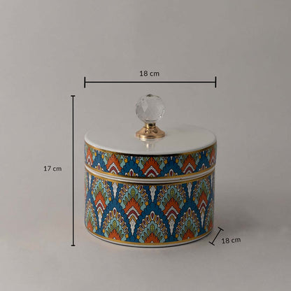 Cylindrical ceramic jar with geometric design and crystal lid shown with 17 cm height and 18 cm width for reference.