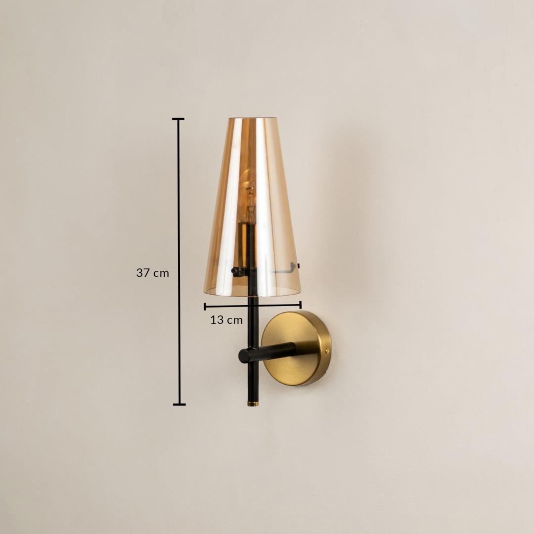 Amber glass wall sconce displayed on white background with clear measurements showing a height of 37 cm shade width of 13 cm and base depth of 13 cm providing product dimensions.