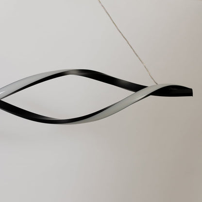 Closeup view of the chandelier showing smooth double-wave curves refined black detailing and a modern suspended profile for interiors.