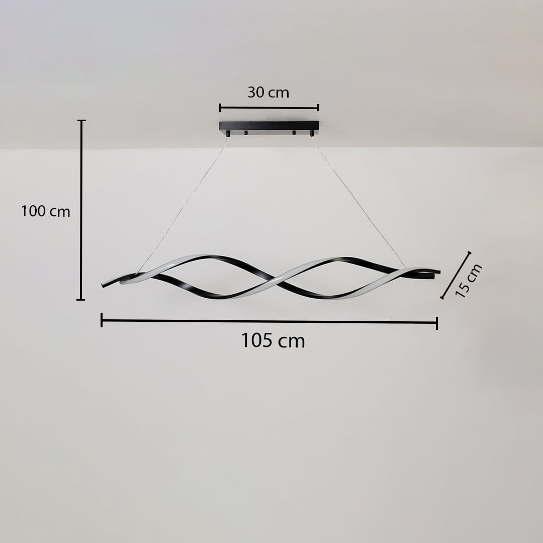 Dimension view of chandelier showing 105 cm width 100 cm height 15 cm depth and a 30 cm ceiling plate against a clean white background.