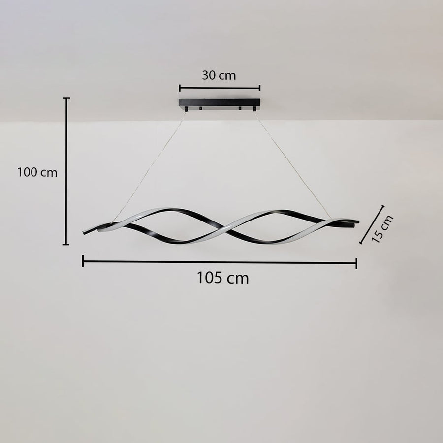 Dimension view of chandelier showing 105 cm width 100 cm height 15 cm depth and a 30 cm ceiling plate against a clean white background.