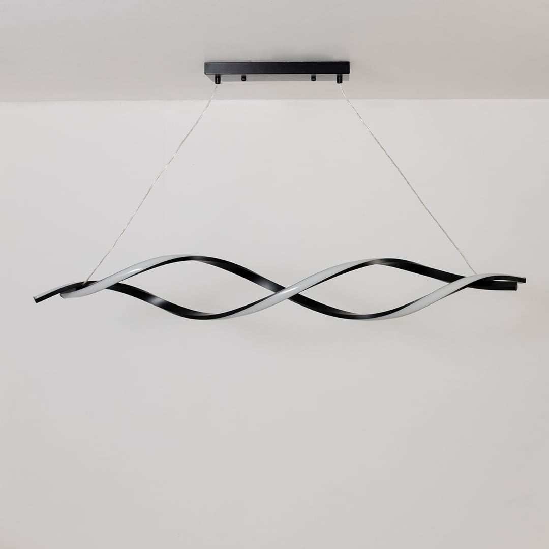 Chandelier with lights off on a white background highlighting its sculpted twin-wave design and minimal suspended black aesthetic.