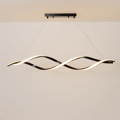 Black metal wave LED pendant light with integrated illumination creating artistic modern ambient ceiling lighting indoors.