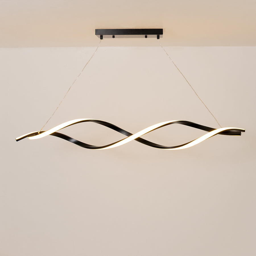 Black metal wave LED pendant light with integrated illumination creating artistic modern ambient ceiling lighting indoors.