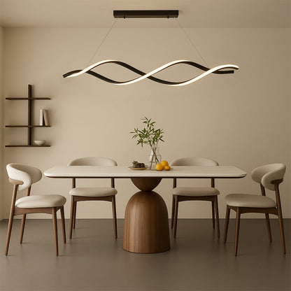 Modern chandelier displayed in a bright lifestyle setting highlighting its flowing wave-shaped frame and sleek suspended black finish.