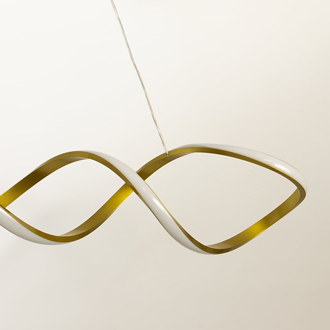 Closeup view of the chandelier showing detailed curves smooth gold finish and refined suspended structure for modern interiors.