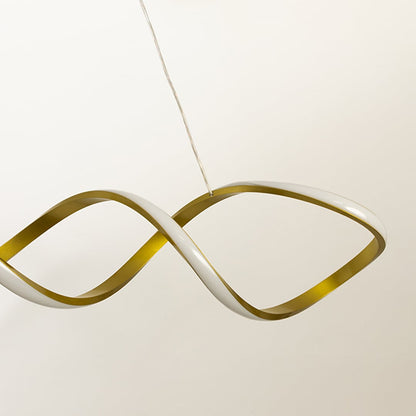 Closeup view of the chandelier showing detailed curves smooth gold finish and refined suspended structure for modern interiors.