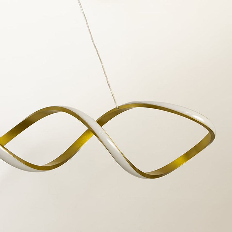 Closeup view of the chandelier showing detailed curves smooth gold finish and refined suspended structure for modern interiors.