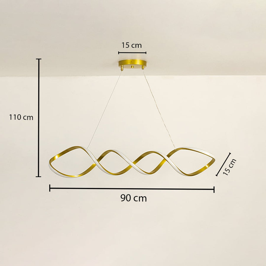 Dimension view of the chandelier showing 90 cm width 110 cm height 15 cm depth and a 15 cm ceiling plate on white background.