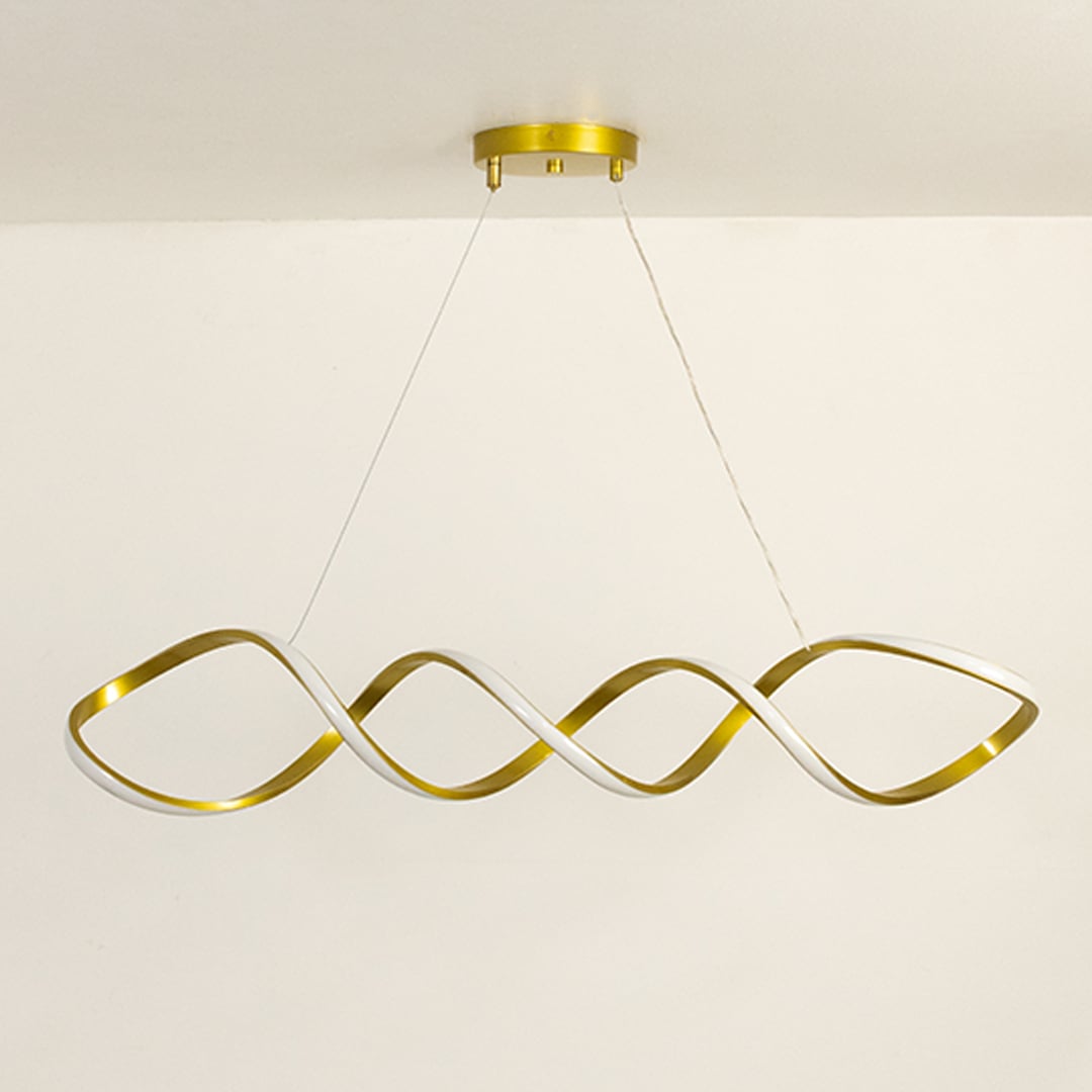 Chandelier with lights off on a white background highlighting its flowing wave design gold accents and minimalist suspended style.