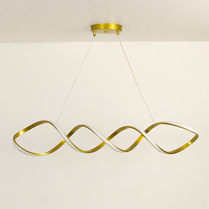 Chandelier with lights off on a white background highlighting its flowing wave design gold accents and minimalist suspended style.