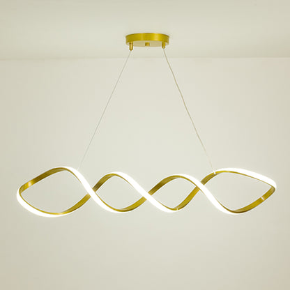 Gold metal wave LED pendant light with integrated illumination creating artistic modern ambient ceiling lighting indoors.
