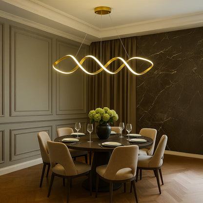 Modern chandelier showcased in a bright lifestyle setting highlighting its sculpted wave silhouette and elegant suspended form.