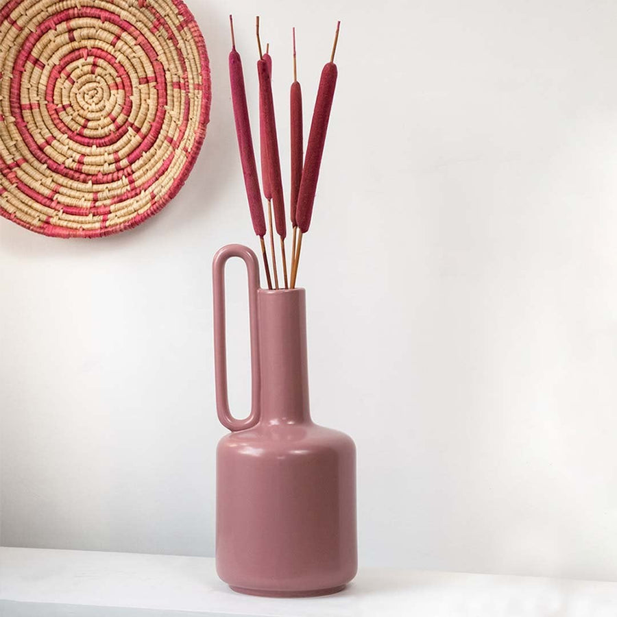 Red cattail stems displayed in a tall vase adding rustic charm to classic Indian home interior styling.