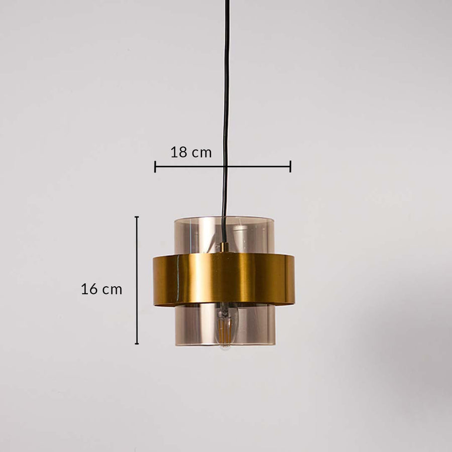 Gold and glass pendant light with black cord shown with 16 cm height and 18 cm width for decorative lighting detail.